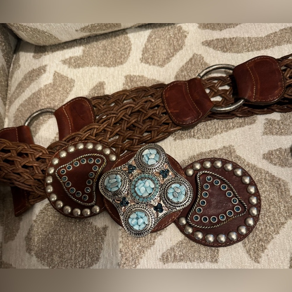 Brown leather and Turquoise Beaded Women's Belt- Adjustable size
